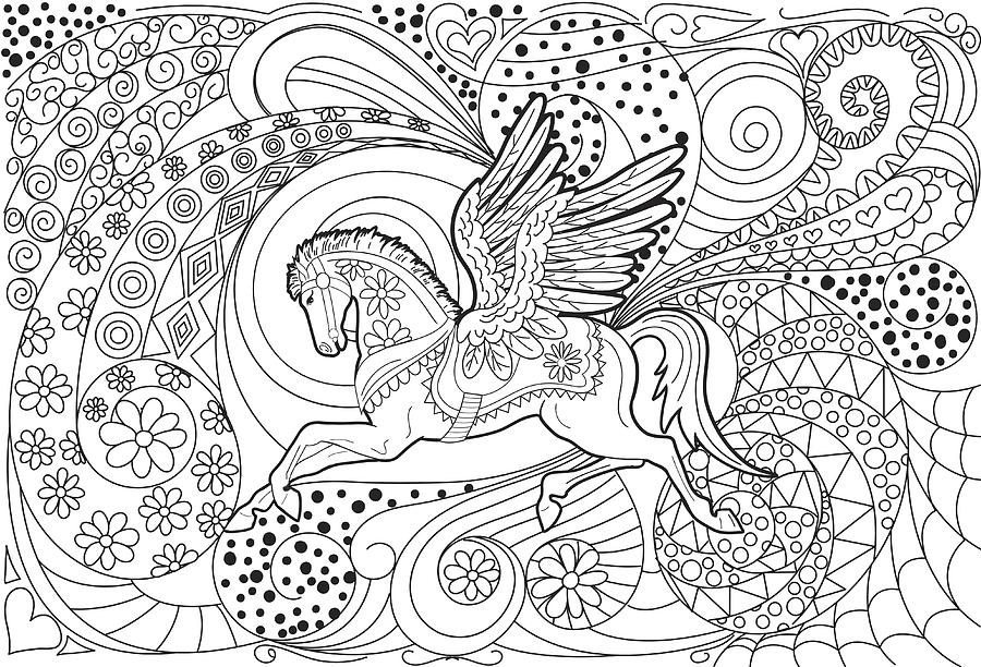 Pegasus Hand Drawn Adult Coloring Book Page Drawing by Diane Labombarbe