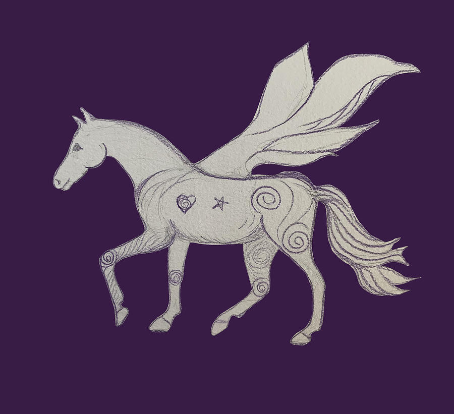 Pegasus Heart Spiral Star Drawing Drawing by Sandy Rakowitz