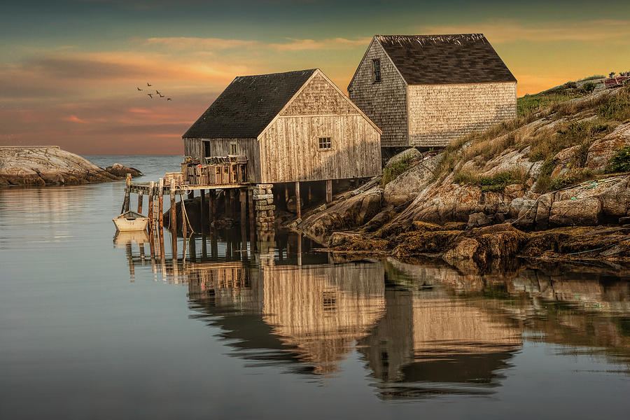 Peggys Cove Harbor Fishing Sheds at Sunset in Nova Scotia, Cana Photograph by Randall Nyhof