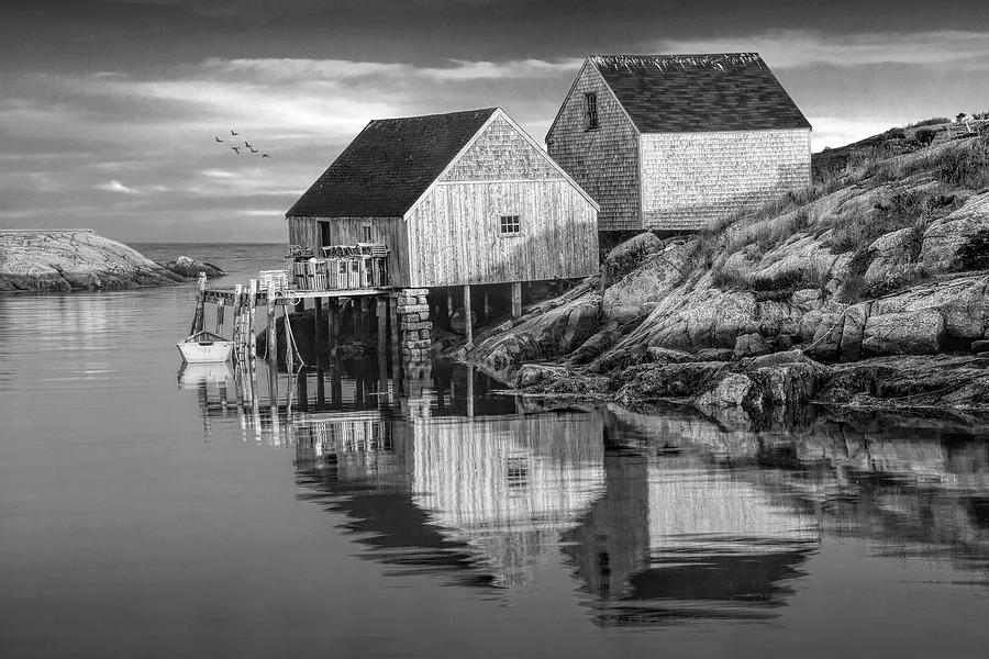 Peggys Cove Harbor Fishing Sheds in Black and White at Sunrise Photograph by Randall Nyhof