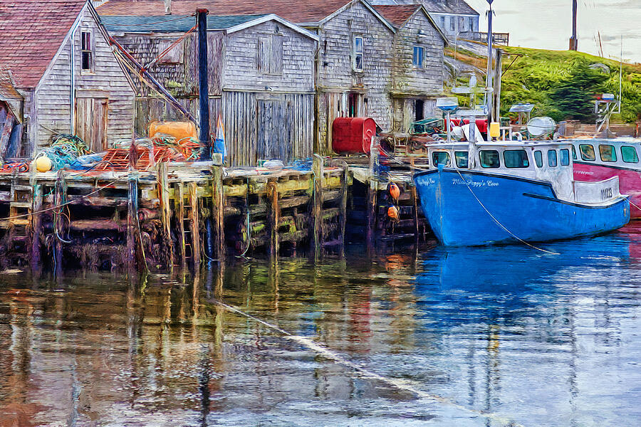 Peggys Cove piers and boats Mixed Media by Tatiana Travelways