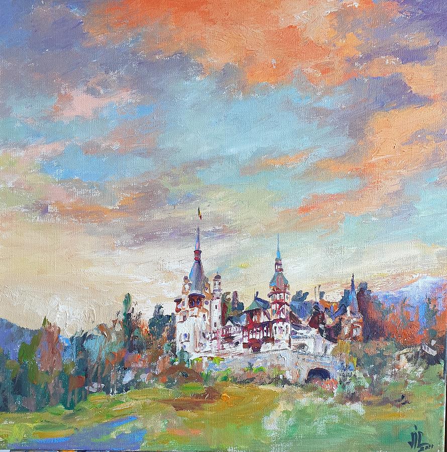 Peles Castle at sunset painting by Vali Irina Ciobanu Painting by Vali Irina Ciobanu