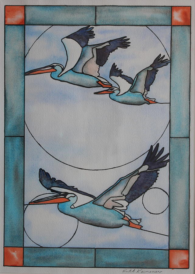 Pelican Flock Painting by Ruth Kamenev