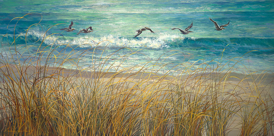Pelican Painting - Pelican Line Up by Laurie Snow Hein