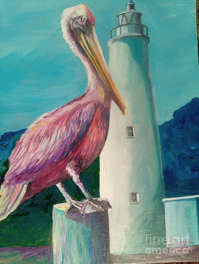 Pelican loves his Lighthouse by Sonya Allen Painting by Sonya Allen
