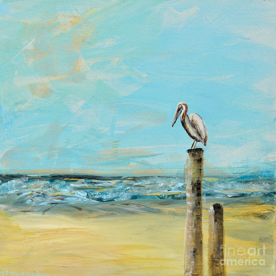 Pelican On A Brisk Beach Day Painting