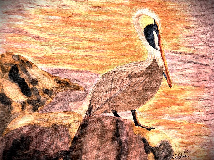 Pelican Sunset Painting by Angela Davies
