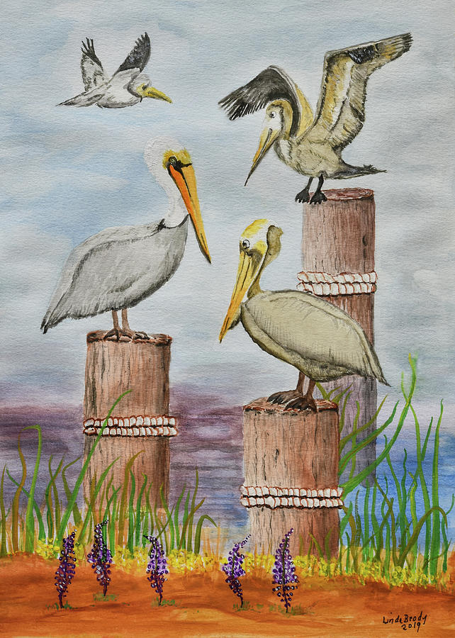 Pelicans on Pilings Painting by Linda Brody