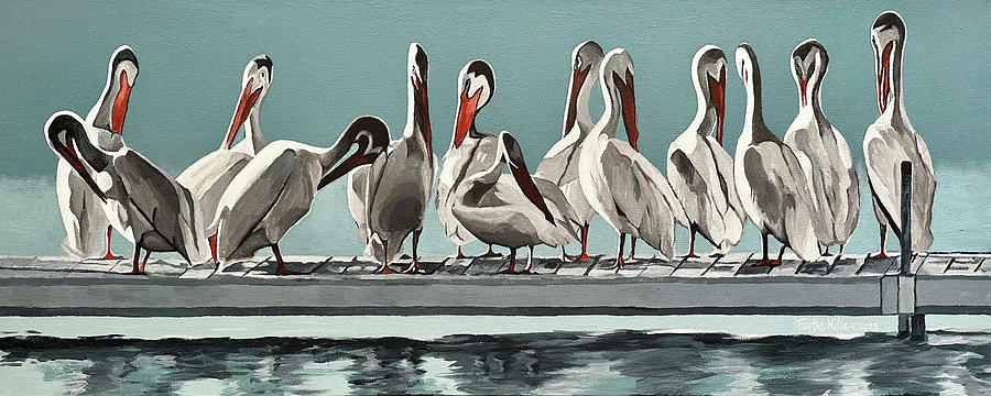 Pelican Painting - Pelicans on the Dock by Faythe Mills