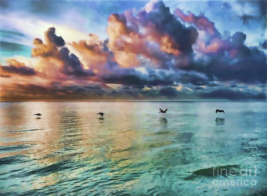 Pelicans Over Myrtle Beach At Sunrise Digital Art by Jeff Breiman