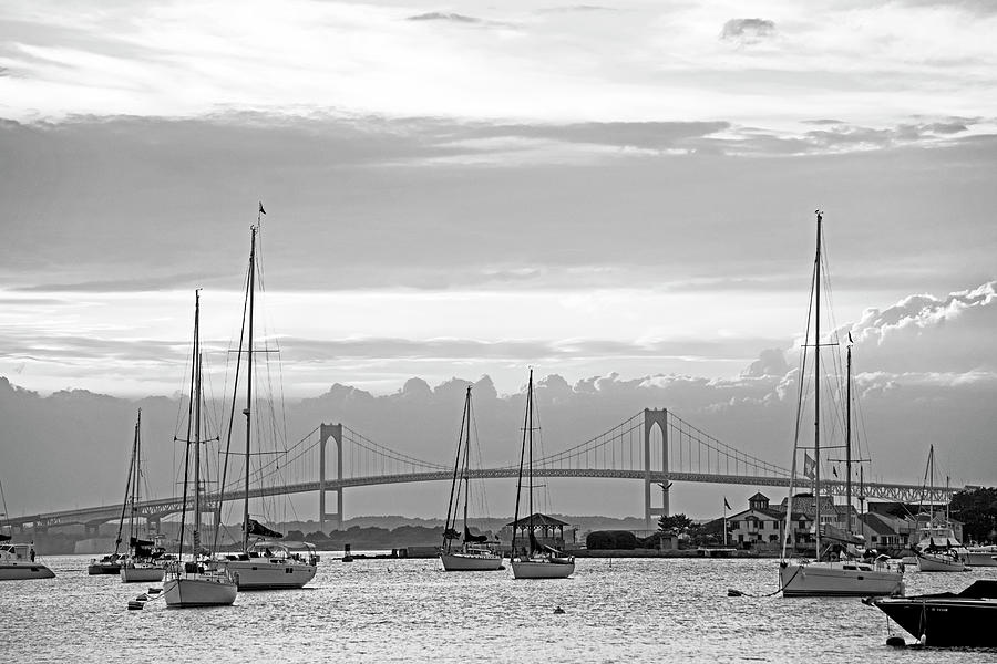 Pell Bridge Newport Harbor Newport RI Rhode Island Black and White Photograph by Toby McGuire