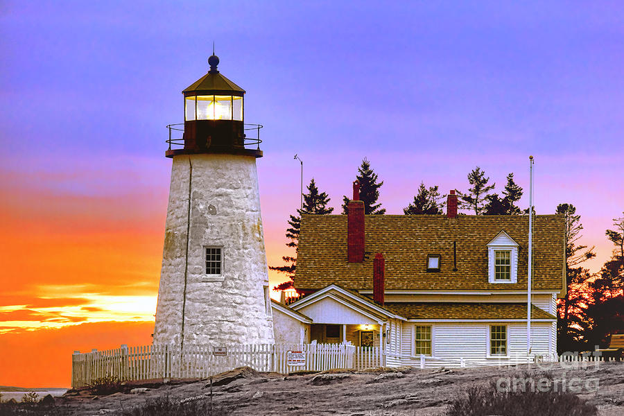 Pemaquid Point Lighthouse and Light House Keeper House at Dusk Photograph by Olivier Le Queinec