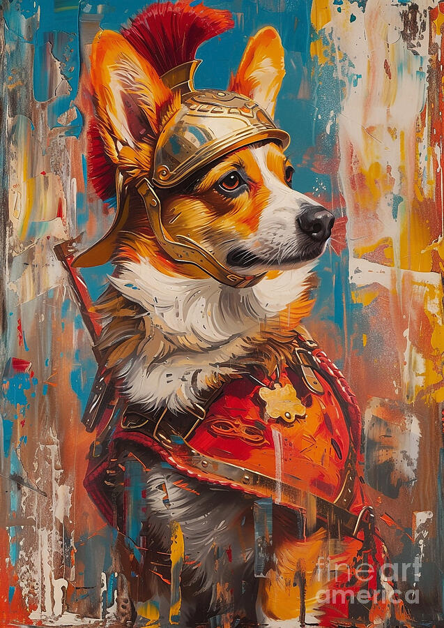 Dog Painting - Pembroke Welsh Corgi - attired in the finery of a Roman diplomat by Adrien Efren