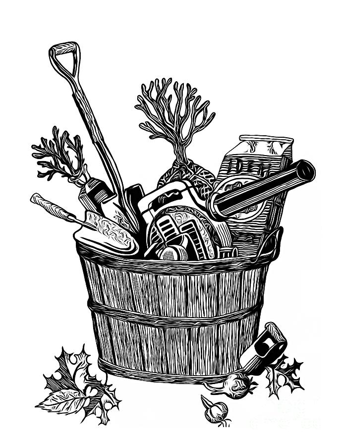 Pen And Ink Drawing Bucket of Gardening Supplies Expressionistic Effect Drawing by Rose Santuci-Sofranko