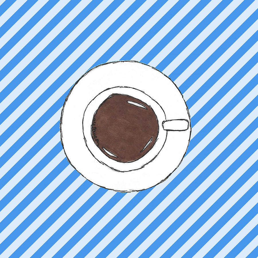 Pen and Ink Drawing of a Coffee Cup on top of a Blue Striped Diagonal Background Mixed Media by Ali Baucom