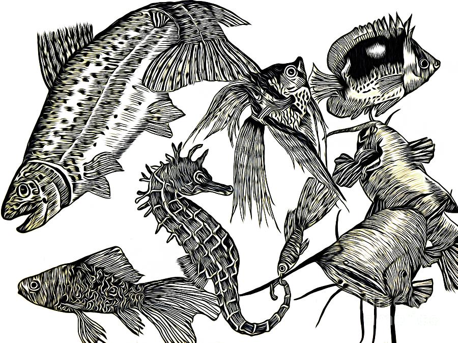 Pen and Ink Drawing of a Variety of Fish and a Seahorse Abstract Expressionism Drawing by Rose Santuci-Sofranko