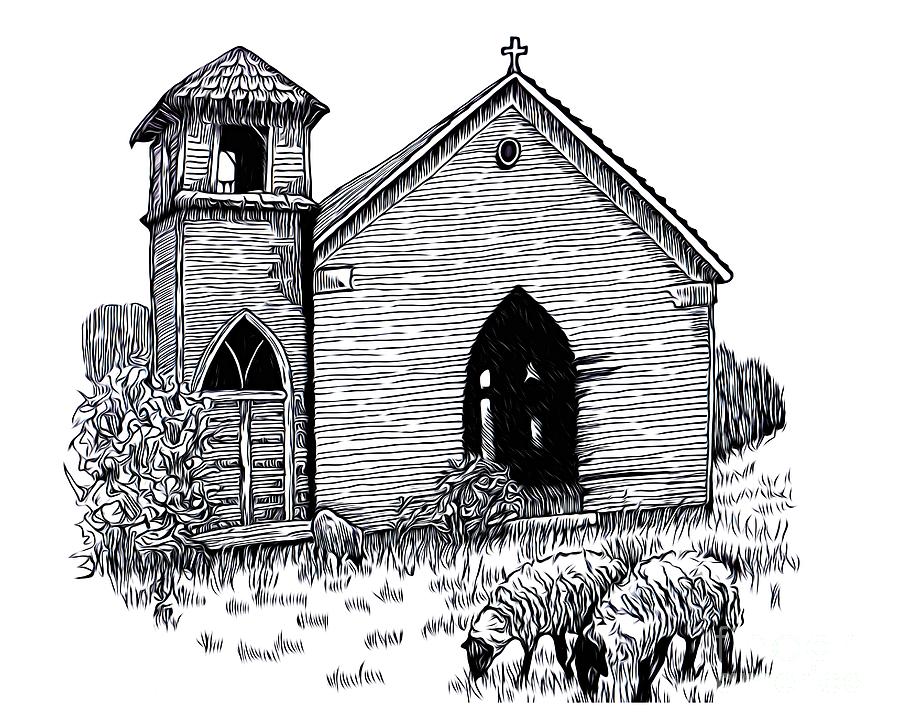 Pen and Ink Drawing of Sheep and a Church Abstract Expressionism Drawing by Rose Santuci-Sofranko