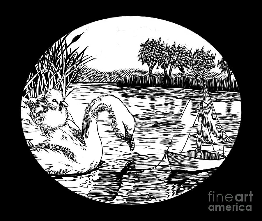 Pen And Ink Drawing of Swans with Toy Boat Abstract Expressionist Effect Mixed Media by Rose Santuci-Sofranko