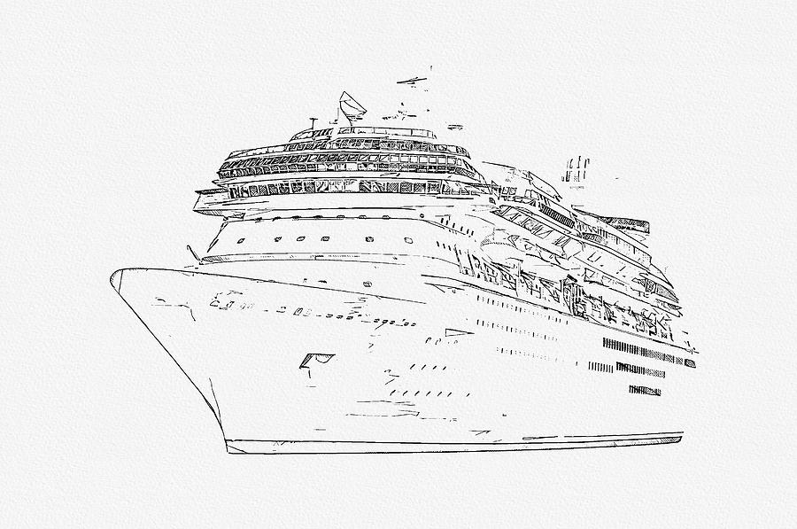 Pencil drawing of cruise ship isolated on white background, modern ocean liner Digital Art by Maria Kray