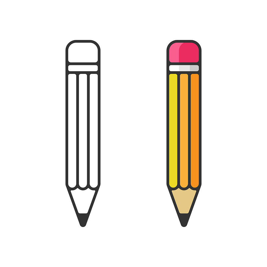 Pencil Icon. Eraser Pen Flat and Outline Design and Back to School Concept on White Background. Drawing by Designer29