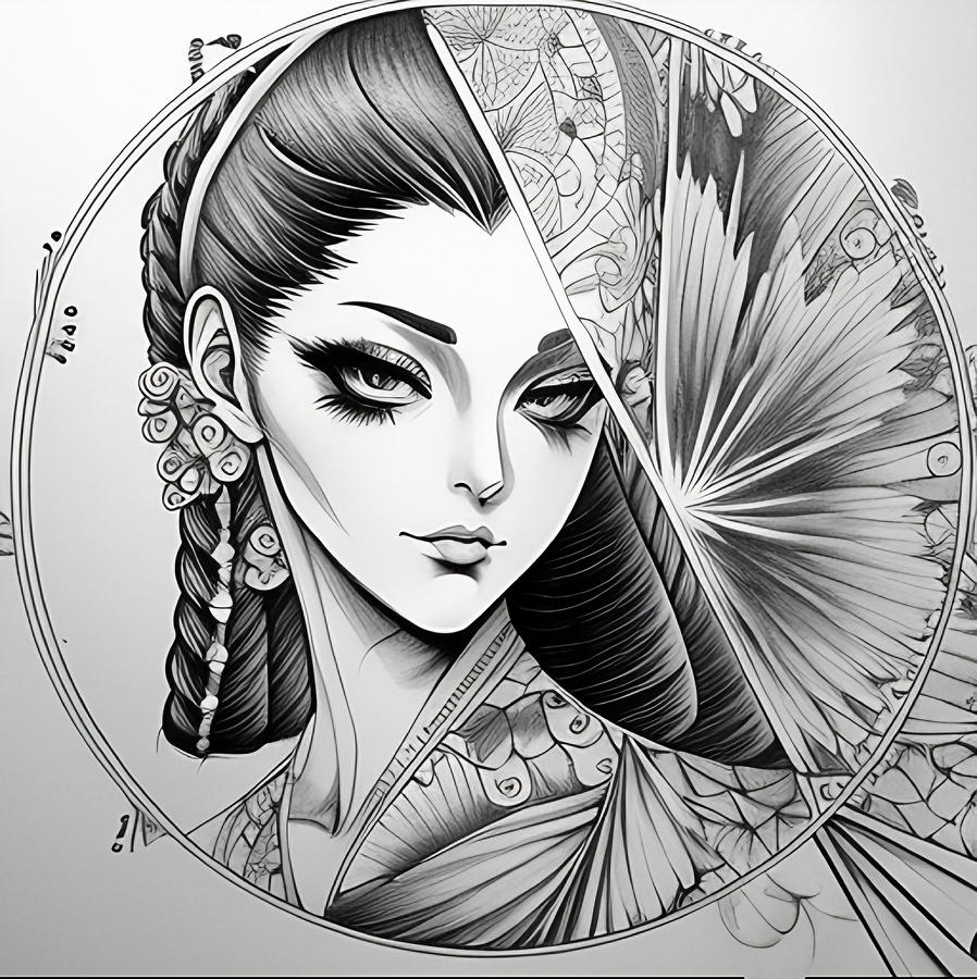 Pencil Portrait Of Irezumi Woman In Circle Digital Art By Ellen Davis