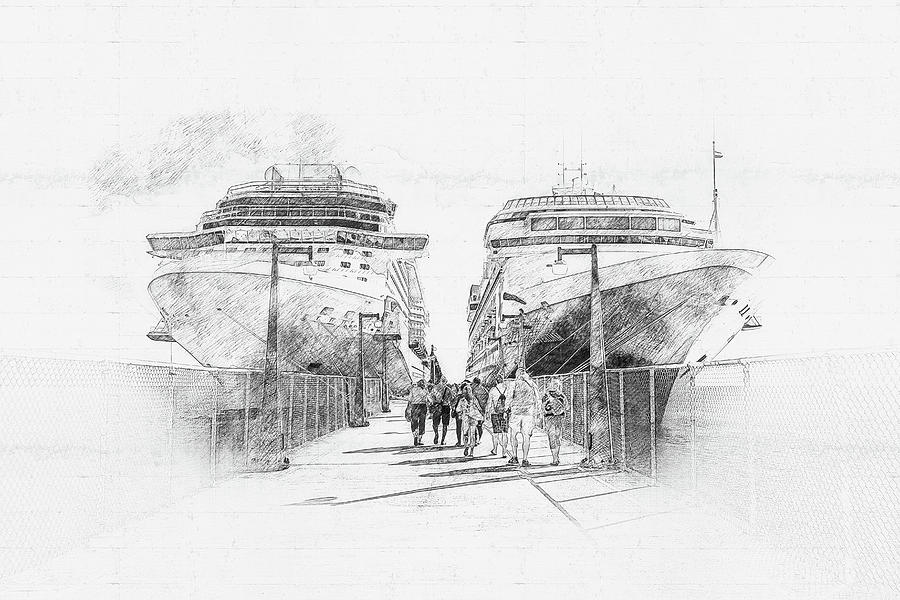 Pencil sketch drawing of two cruise ships in a port ship terminal Digital Art by Maria Kray
