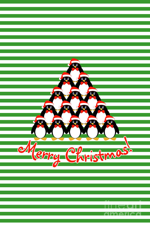 Bird Digital Art - Penguin Christmas Tree n Stripes by Two Hivelys