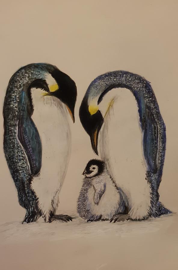 Penguin family Drawing by Agata Siemiatkowska
