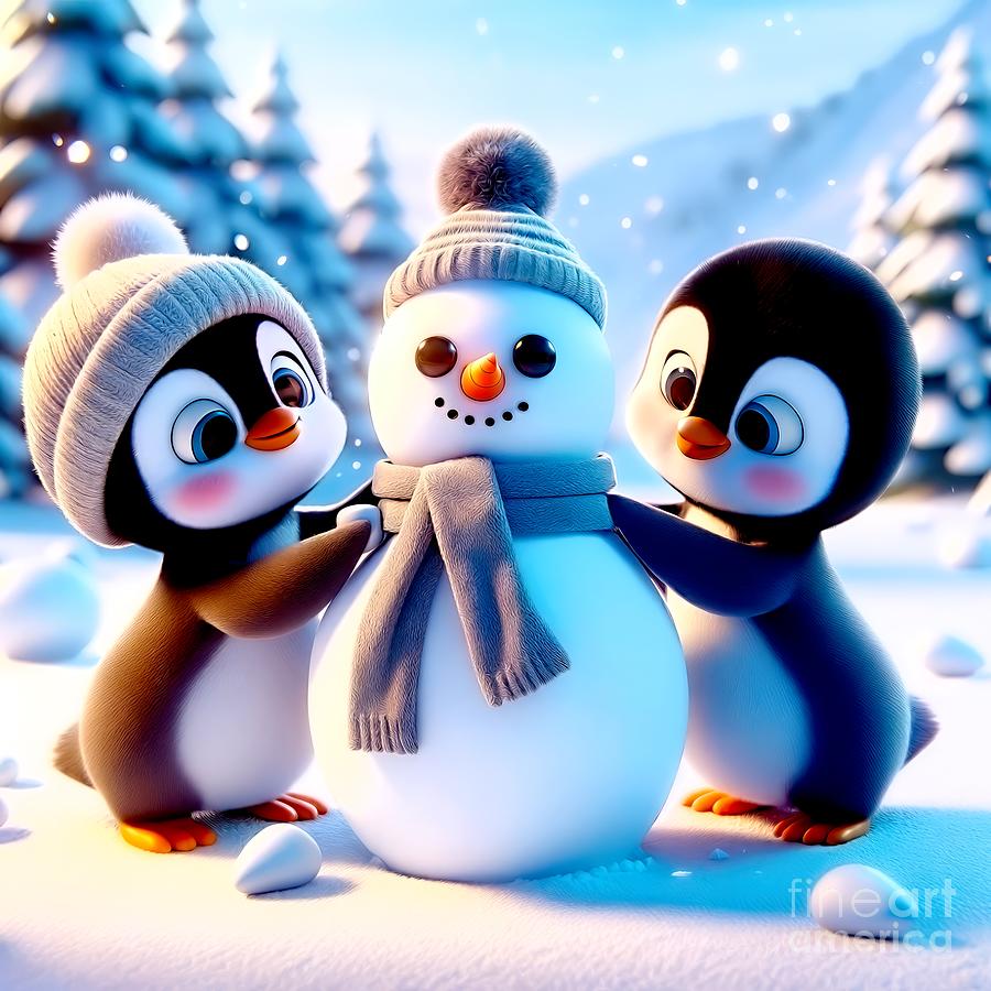Winter Digital Art - Penguin Friends Building a Snowman by Rose Santuci-Sofranko