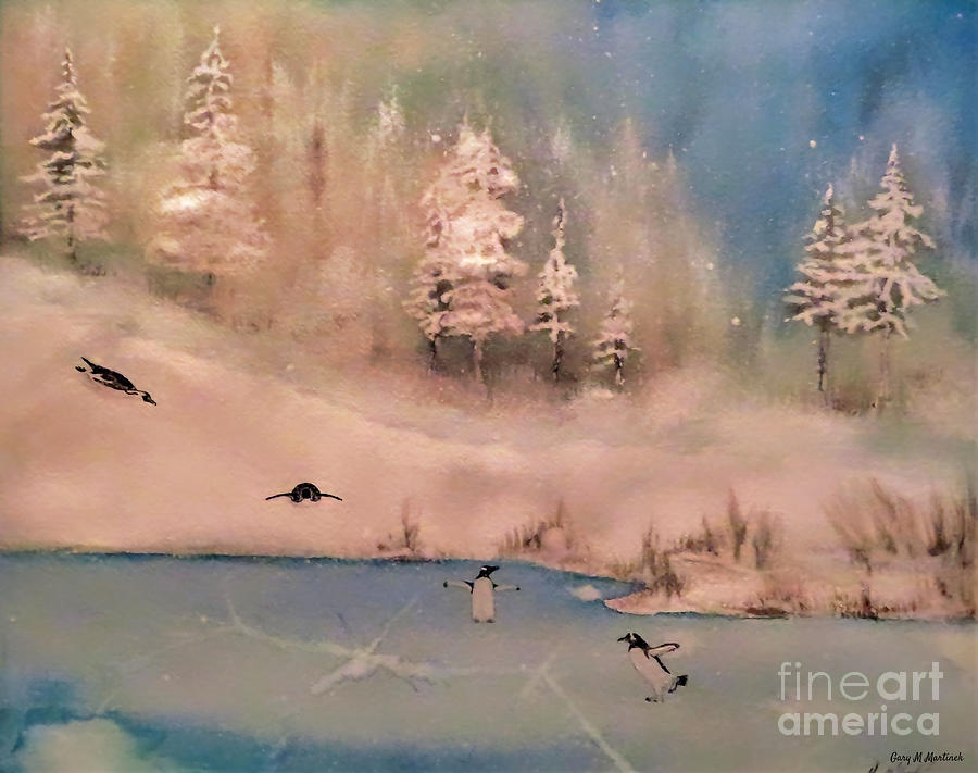 Winter Painting - Penguins having fun by Gary Martinek