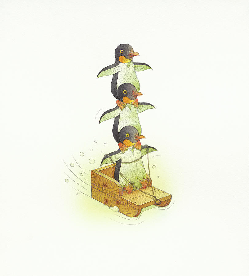 Penguins on sleds Drawing by Kestutis Kasparavicius