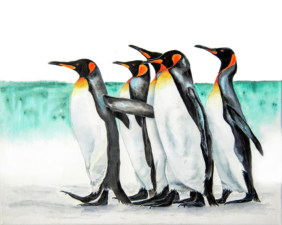 Penguins Stepping Out Painting by Jeanette Mahoney