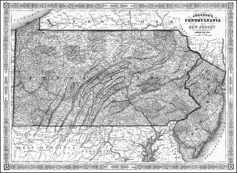 Pennsylvania and New Jersey Vintage Map 1864 Black and White  Photograph by Carol Japp
