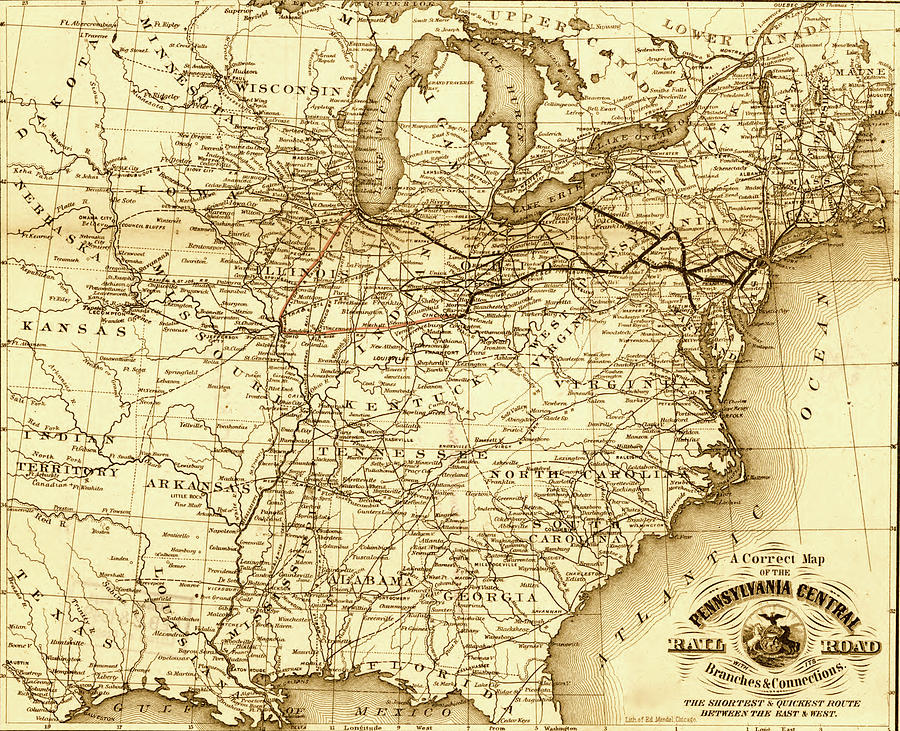 Transportation Drawing - Pennsylvania Central 1854 by Vintage Railroad Maps
