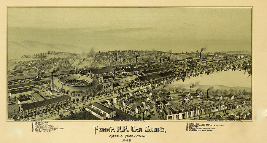 Train Drawing - Pennsylvania Railroad Machine shops in Altoona, Pennsylvania 1895 by Vintage Places
