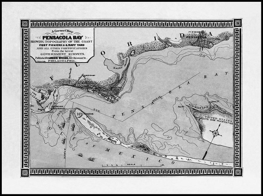 Pensacola Bay Florida Vintage Map 1860 Black and White  Photograph by Carol Japp