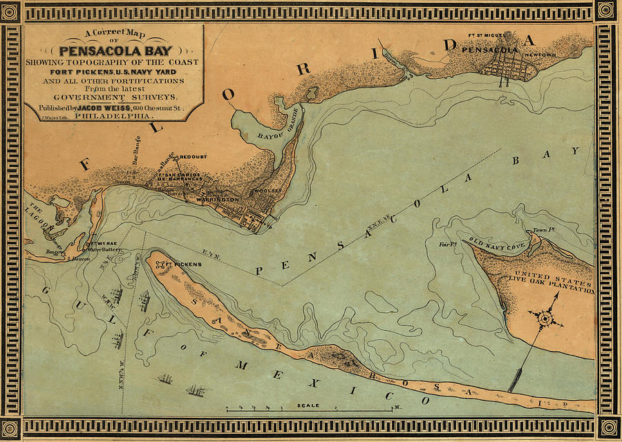 Map Drawing - Pensacola Bay Florida by Vintage Maps