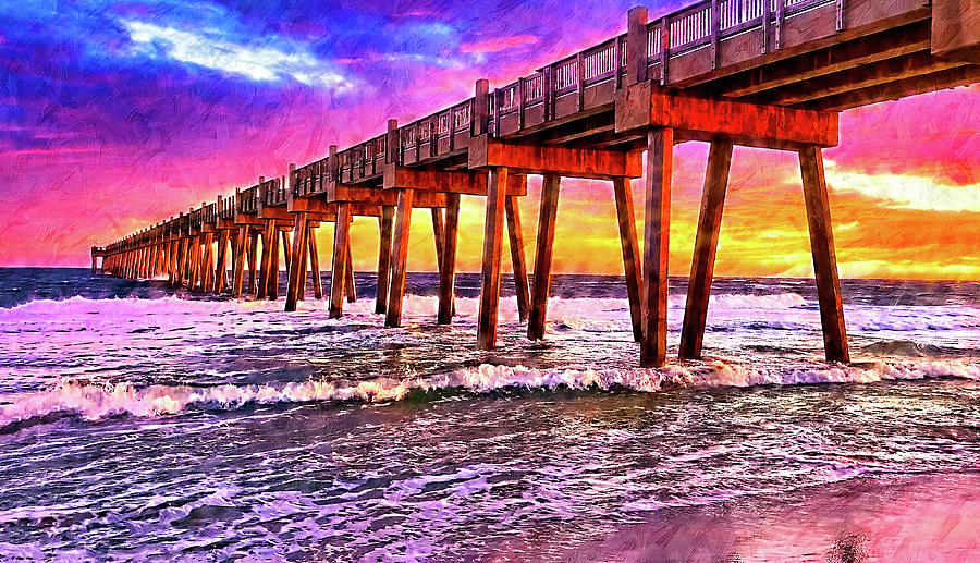 Pensacola Beach Pier at sunset - digital painting Digital Art by Nicko Prints