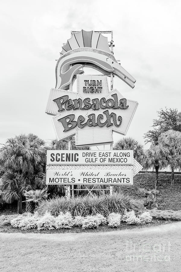 Pensacola Beach Sign Black and White Photo Photograph by Paul Velgos