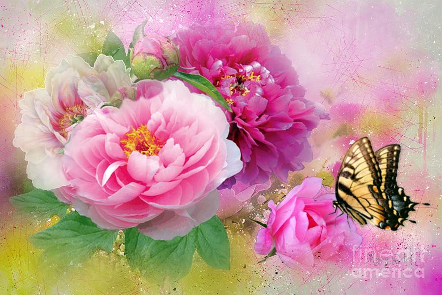Peonies and Butterfly Mixed Media by Morag Bates
