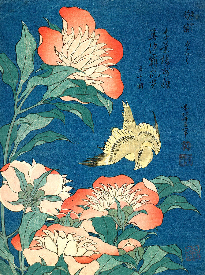 Hokusai Digital Art - Peonies and Canary by Long Shot