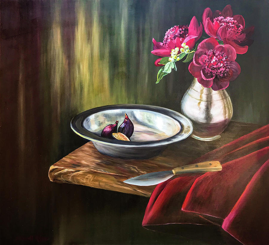 Peonies and Figs Still Life Painting by Sherrell Rodgers