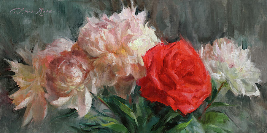 Peonies and Red Rose Painting by Anna Rose Bain