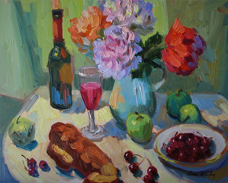 Peonies and Wine Painting by Diane McClary