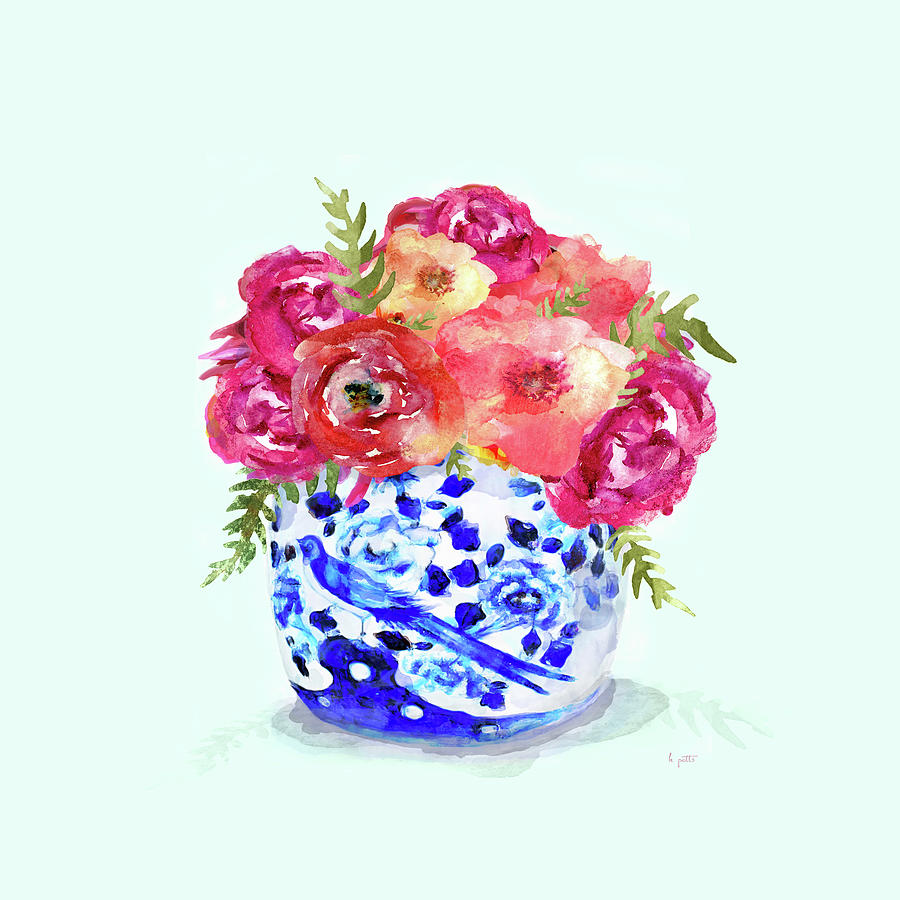 Vase Painting - Peonies in Chinoiserie Ginger Jar by Kimberly Potts