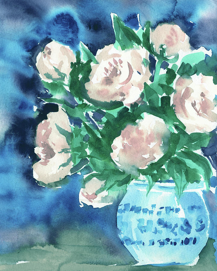 Peonies In the Blue Vase Floral Abstract Watercolor Art  Painting by Irina Sztukowski