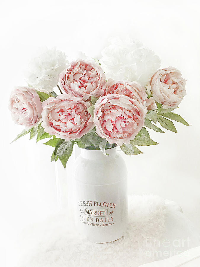 Peonies In White Farmhouse Fresh Flower Market Vase Pink White Shabby Chic Romantic Vintage Decor Photograph by Kathy Fornal