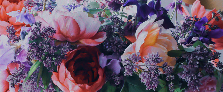 Peonies, Lilacs and Aquilegia Flowers Painting by Maggie Terlecki