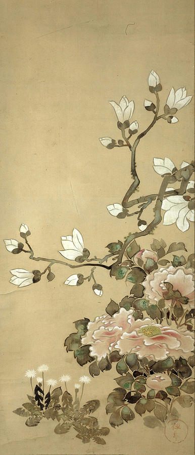 Peonies, Magnolia, and Dandelions Painting by Tawaraya Sotatsu