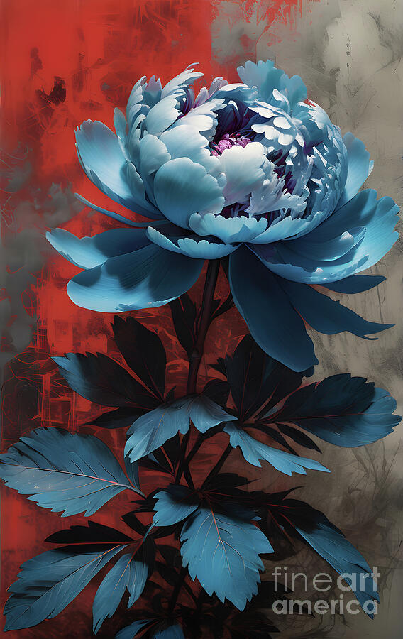 Unique Digital Art - Peony blooms vibrantly against a bold red background by Sen Tinel